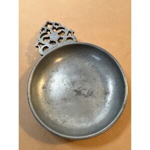 Antique Stede Pewter Intricate Handled Porringer Bowl 4" Primitive Metal Kitchen